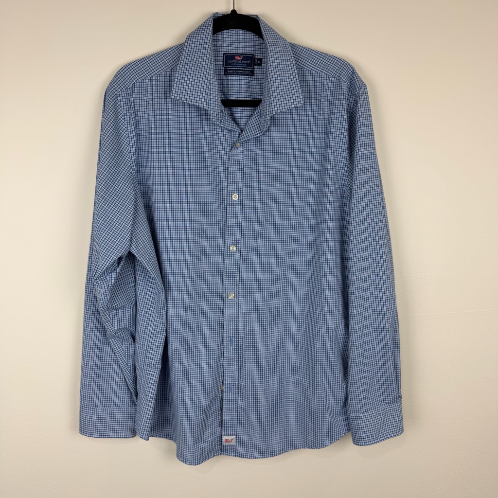 Vineyard Vines Blue Check Slim Fit Cooper Shirt Performance Xl
